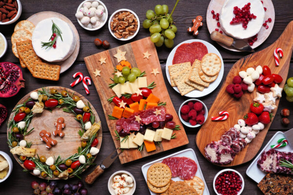 Christmas charcuterie table scene Holiday party menu ideas